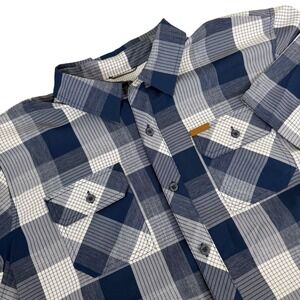 Orvis Mens Plaid Button Up Short Sleeve‎ Shirt XL Blue WHite Outdoor Fishing EUC